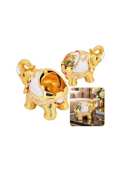 Sunup Sn-38892 Fil Figürlü Dekoratif Küllük Beyaz Gold İşlemeli Sürgülü