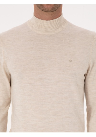 Cacharel Bej Slim Fit Yün Karışımlı Yarım Balıkçı Basic Triko Kazak