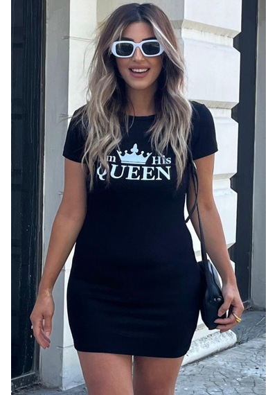 Drgy Giyim Kadın Kısa Kollu Queen Baskı Iki Iplik Mini Elbise Siyah