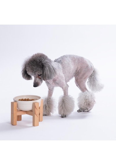 Beyaz Ahşap Standlı Seramik Mama/ Su Kabı Kedi Köpek Mama Su Kabı