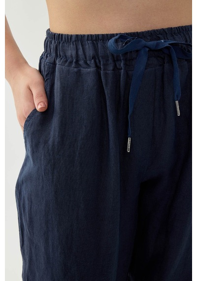 Vitrin %100 Keten Beli Lastikli Cepli Geniş Paça Pantolon Lacivert