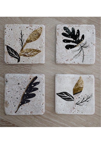 Altın Desenli Yapraklı Doğal Taş Bardak Altlığı 4'lü Set - Natural Stone Coasters - Taş Çok Renkli