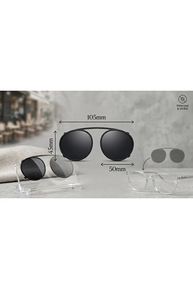 Retro Yuvarlak Polarize Güneş Gözlüğü Klipsi - Numaralı Gözlük Üstü Tak Çıkar Cam Aparatı