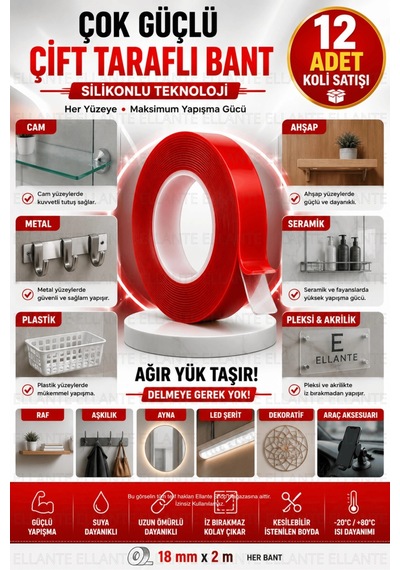 12 Adet Silikonlu Çift Taraflı Bant 18 Mm X 2 M Güçlü Yapışkan Şeffaf Montaj Bandı Ekonomik Koli Pak