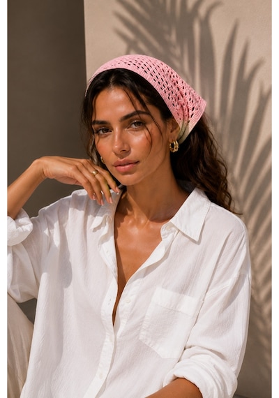 My Vintage Kadın File Örgü Bandana Yazlık Delikli Triko Saç Bandanası Plaj Uyumlu Pembe