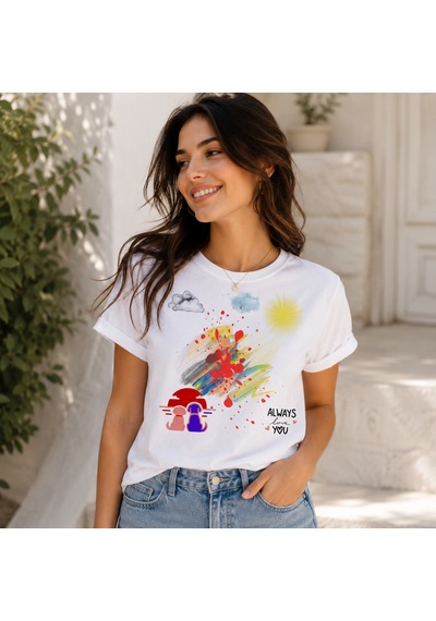 Gün Batımı Manzaralı Özel Tasarım Pamuklu Baskılı T-shirt Beyaz - Siyah