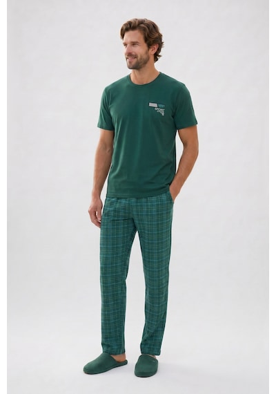 Tudors Erkek Standart Fit Normal Kesim Pamuklu Bisiklet Yaka Kısa Kollu Lastikli Yeşil Pijama Takımı-51140