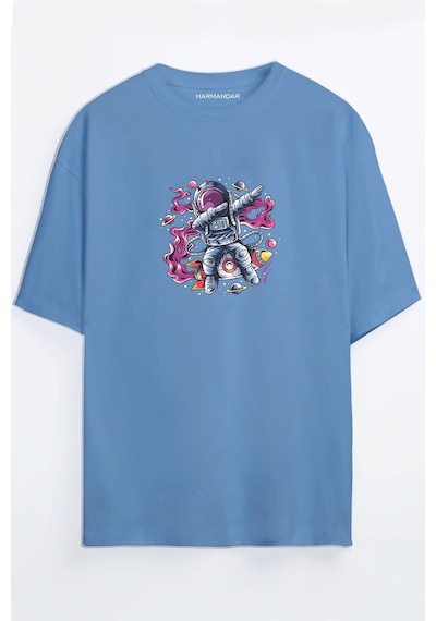 Astronot Baskılı Unisex Siyah - Beyaz - Turuncu - Bej Oversize T-shirt Mavi
