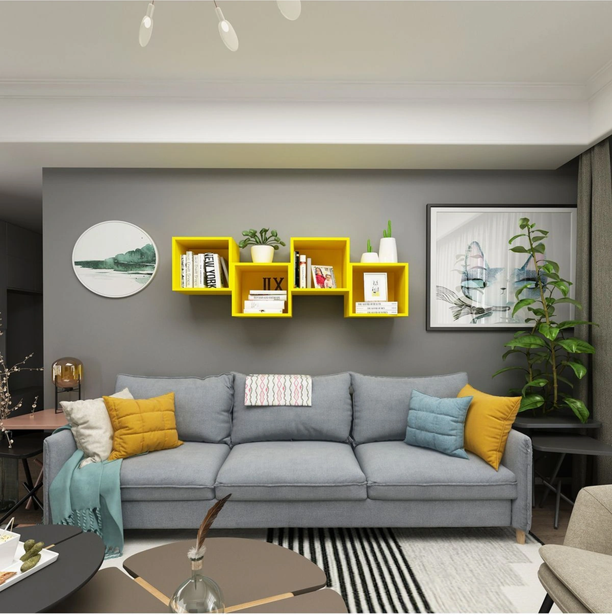Kitaplık Kare Duvar Rafı Salon 4 Lü Arkalıklı Mobilya Takım Sarı Sarı
