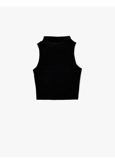 Koton Kolsuz Slim Fit Balıkçı Yaka Simli Crop Kadife Top Siyah 6wak10058ek Siyah