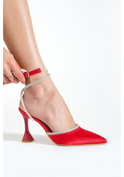 Duxal Shoes Bordo Saten Bilekten Bağlamalı Topuklu Kadın Ayakkabı Kırmızı