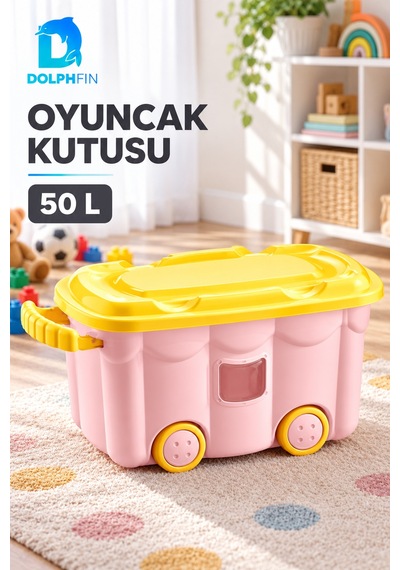 Tekerlekli Oyuncak Kutusu 50 L Kapaklı Plastik Çocuk Odası Düzenleyici Çok Renkli