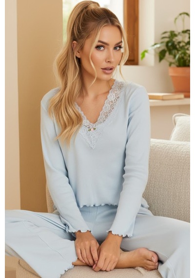 Siyah İnci Pamuklu Dantelli Fitilli Örme Pijama Takım25226005 mavi