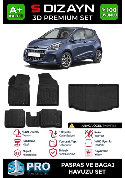 S-dizayn Hyundai İ10 3d Pro Havuzlu Paspas Ve Bagaj Havuzu Seti 2'li Set 2013-2019 A+ Kalite