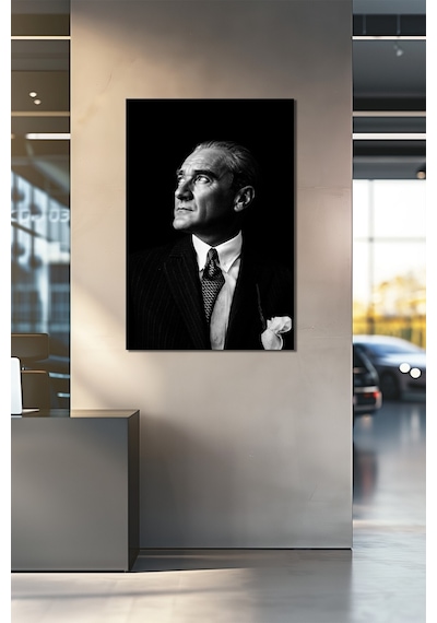Atatürk Siyah Beyaz Portre Cam Tablo Klasik Şık Uv Baskı Duvar Dekoru