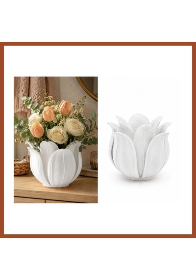 Bezos 3d Baskı Lotus Yapraklı Vazo - Dekoratif Çiçeklik-beyaz Pro