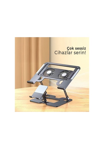 Hldcldk-001 Cooldock Çift Fanlı Metal Laptop Soğutucu Stand, 10 17 İnç, Katlanabilir, Telefon Tutuculu Siyah Siyah