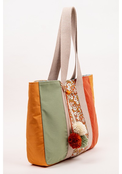 Fabric Craft Bag Omuz Çantası Kadın Duck Kumaş Desenli Büyük Boy Günlük Çanta Turuncu - Yeşil