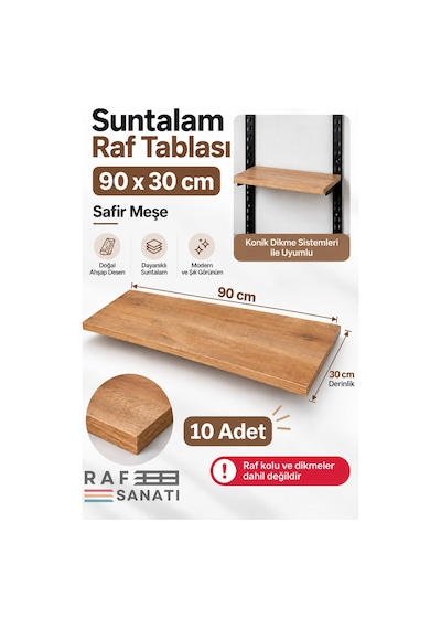 10 Adet - 90x30 Cm Suntalam Mağaza Rafı Safir Meşe Geniş Ahşap Raf Tablası Konik Dikme Uyumlu
