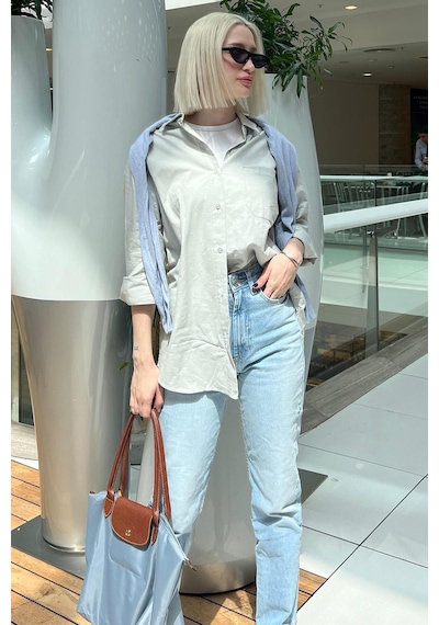 Madmext Gri Oversize Basic Cepli Poplin Gömlek Mg1530 Gri