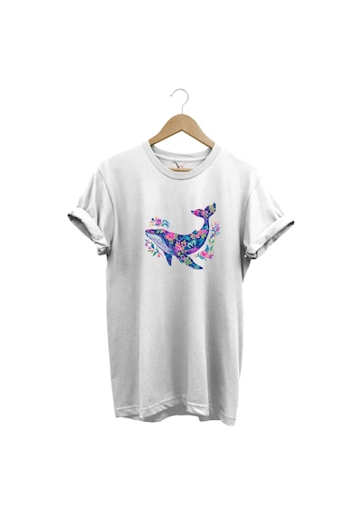 Renkli Balık Balina Desenli Baskılı %100 Pamuk Regular Fit Unisex T-shirt Beyaz