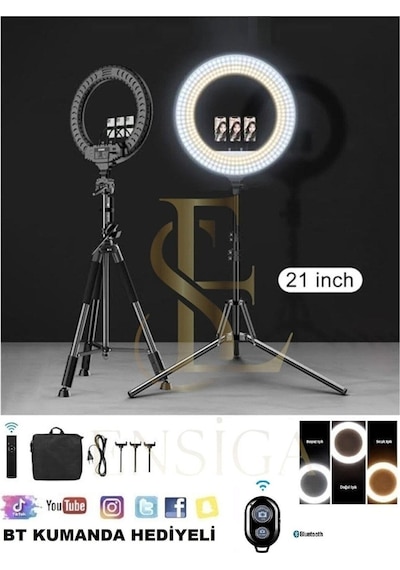 Döküm Ayaklı 21 Inç Rıng Lıght Kumandalı Led 54cm Influencer Kuaför Makyaj Işığı Çantalı