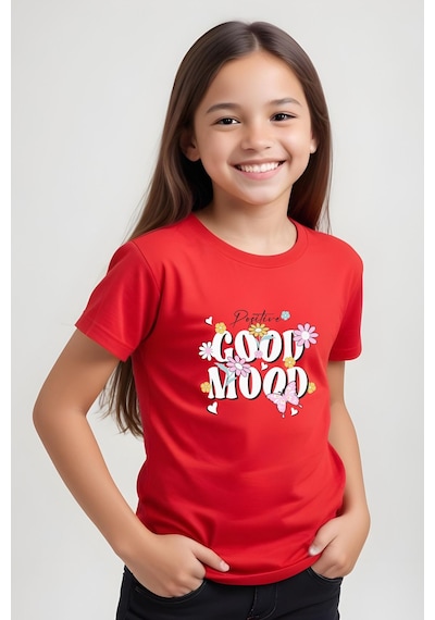 Panios Kids Positive Good Baskılı Kız Çocuk Kısa Kollu T-shirt Kırmızı