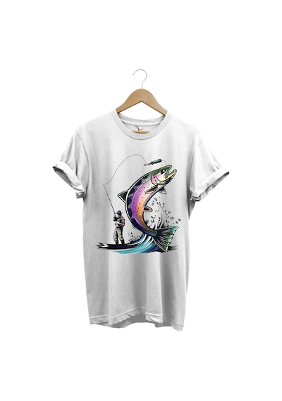 Balık Avı Baskılı Fishing Olta İle Balık Tutmak Turna Levrek Balığı Regular Fit %100 Pamuk Tişört Beyaz
