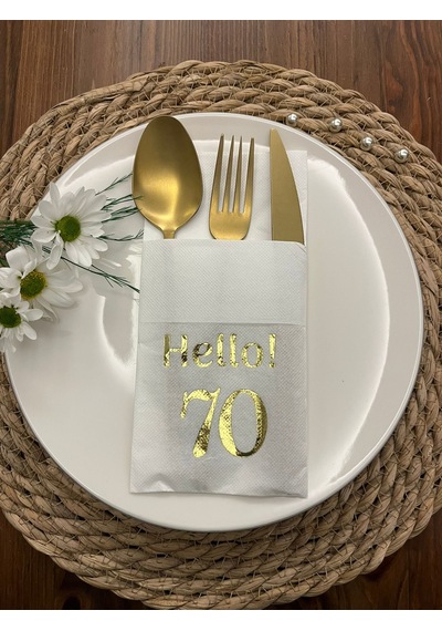 Gold Yaldızlı Beyaz Cepli Hello Yetmiş Yaş Peçete 12 Adet 40x40