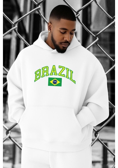 Benroma 3 İplik Penye Brazil Baskılı Büyük Beden Sweatshırt Beyaz