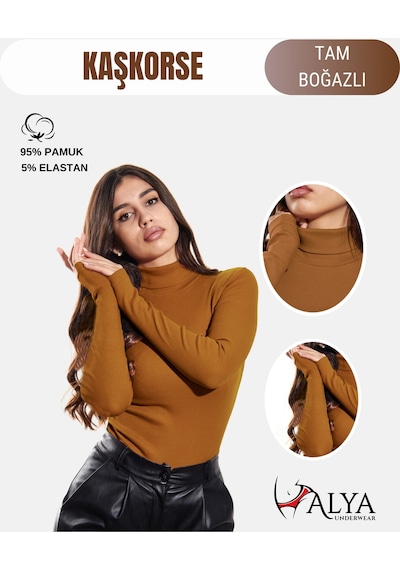 Alya Underwear Kaşkorse Tam Boğazlı Body Sweatshirt, Fitilli Kumaş, Likralı, Gül Kurusu Açık Kahve