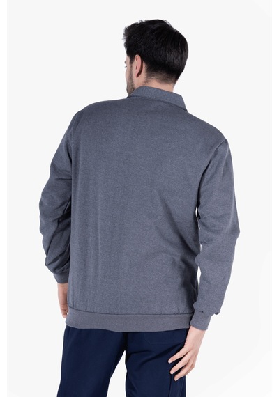 İki İplik Polo Yaka Cepli Sweatshirt Füme Melanj