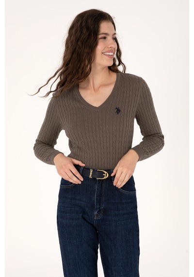 U.S. Polo Assn. Kadın Vizon V Yaka Basic Kazak 50313625-VR052