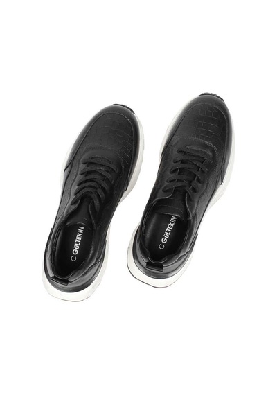 Erkek Siyah Bağcıklı Kalın Tabanlı Kroko Deri Sneaker