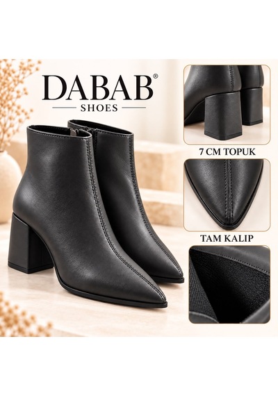 Dabab Shoes Yona Kadın Siyah Cilt Sivri Burun Ön Dikiş Detaylı Fermuarlı İçi Sıcak Astarlı 7 Cm Kalın Topuklu Bot Bootie