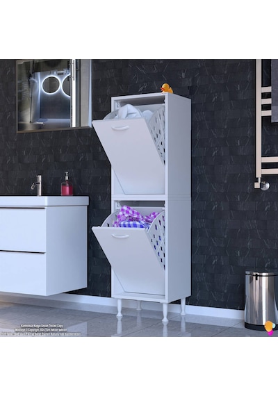 Eliusta Veluna 45 Cm Kirli Çamaşır Sepetli Dolap Banyo Dolabı Beyaz 45x138x32,5 Cm 2 Sepetli Dolap Beyaz
