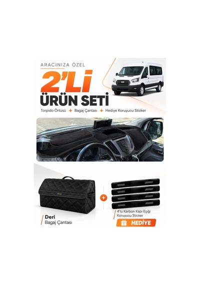 Ford Transit Kapaklı 2013-2018 Uyumlu Torpido Örtüsü + Deri Bagaj Çantası + Sticker Seti - Siyah
