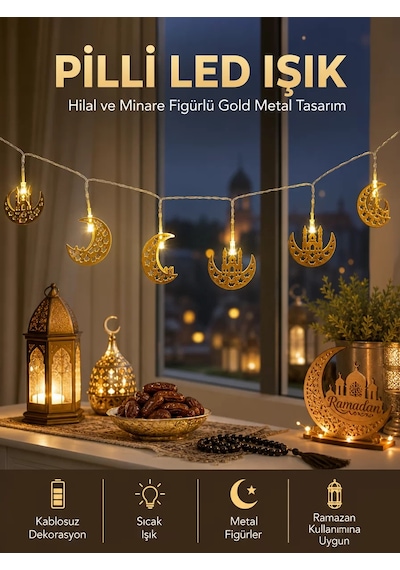 Pilli Minareli Hilal Led Işık Gold Metal Ramazan Dekorasyonu Çr 62087148
