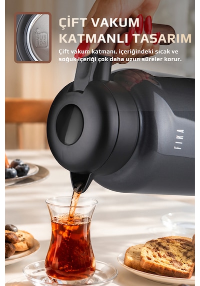 Fika Paeta Çift Katmanlı Sızdırmaz Kapaklı Çelik Büyük Boy Sürahi Termos 2 Litre Antrasit