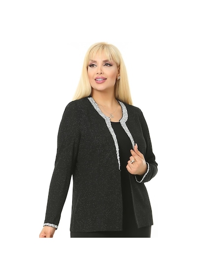 Ladies First Büyük Beden 3728 Siyah Gümüş Ceket+Atlet Abiye Ikili Takım