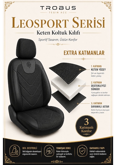Renault Fluence 2010 Sonrası Uyumlu Leosport Serisi Siyah Ortopedik Keten Koltuk Kılıfı