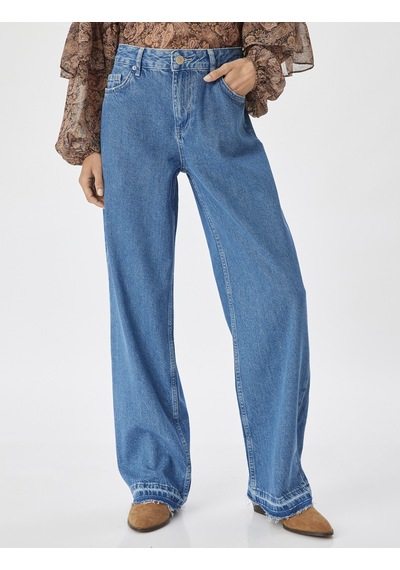 Koton Düz Uzun Paça Kot Pantolon Çift Bel Detaylı Normal Bel - Straight Jean Orta İndigo 5wal40109md İndigo