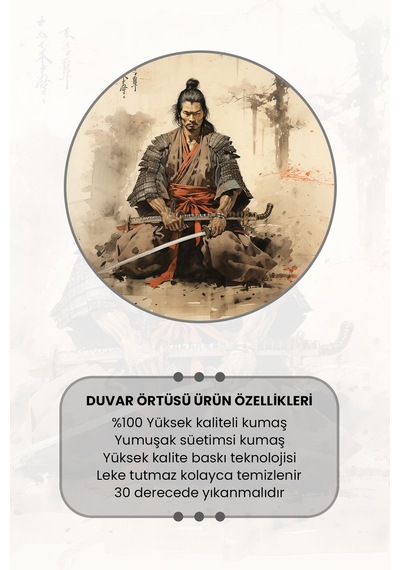 Samuray Savaşçısı Desenli Duvar Halısı Duvar Örtüsü Tapestry Süet Dokulu Kumaş