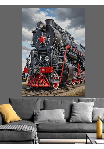 Ahşap Tablo Siyah Buharlı Tren Lokomotifi