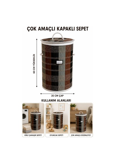 Kapaklı Kirli Çamaşır Sepeti 35x60 Cm İp Kulplu Katlanabilir Çok Amaçlı Oyuncak Sepeti Çok Renkli