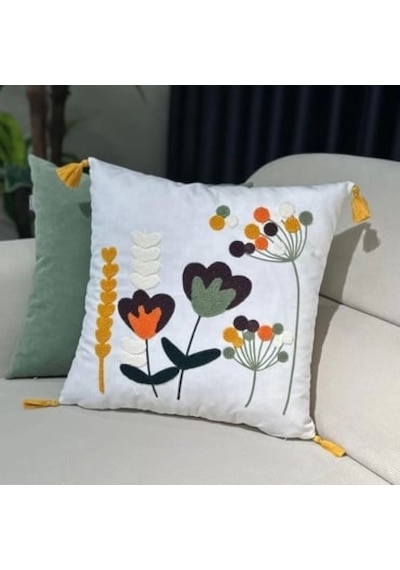 Nivemeshome Çiçekli Nakışlı Kırlent Kılıfı 45x45 Beyaz