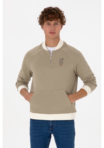 U.S. Polo Assn. Erkek Yarım Fermuarlı Comfort Fit Açık Haki Basic Sweatshirt 50316303-VR183