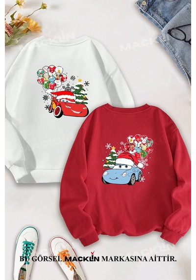 Macklin Sevgili Çift Kombin Şimşek Mcqueen Ve Sally Baskılı Yılbaşı Özel Bisiklet Yaka Sweatshirt 2li Takım Beyaz Kırmızı Mck1574 Çok Renkli