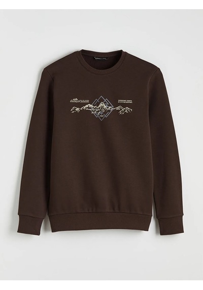 Lc Waikiki Kahverengi Bisiklet Yaka Baskılı Erkek Sweatshirt