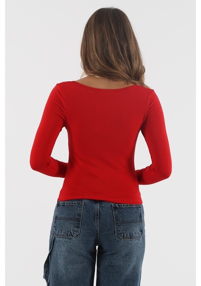 Seeh Kırmızı Önü Büzgülü Uzun Kollu Kadın Body Sh200